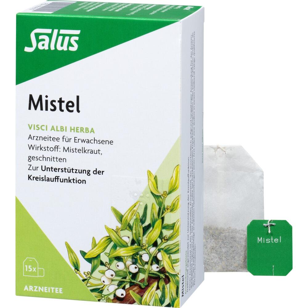 Verpackung für Misteltee zur Unterstützung der Kreislauffunktion mit Teebeutel daneben.