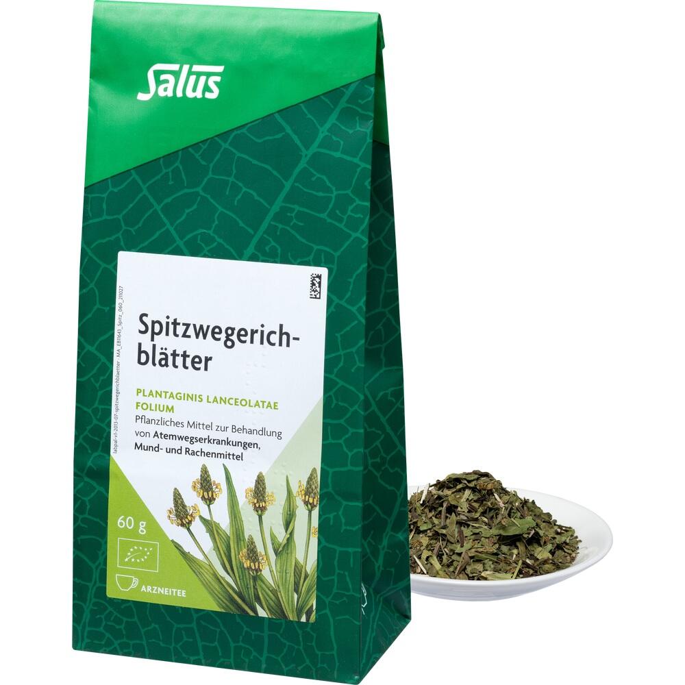 Grüne Packung mit Spitzwegerichblättern und ein Teller mit getrockneten Blättern.