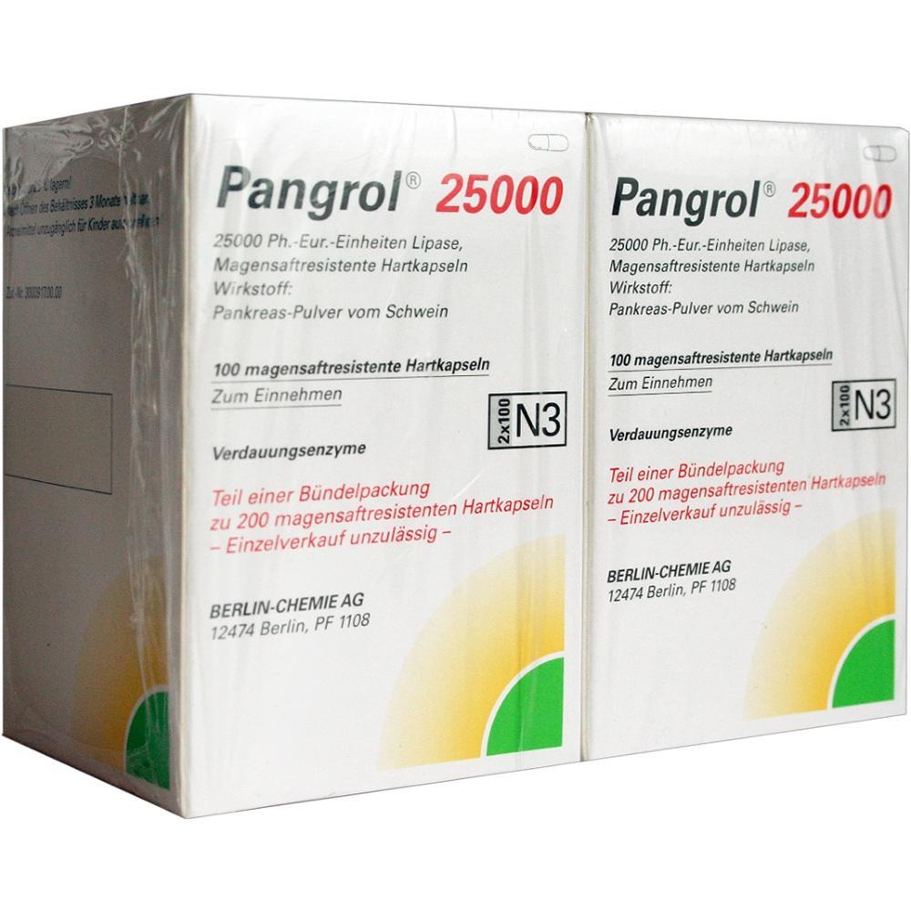 Zwei Packungen Pangrol 25000, ein Enzympräparat für die Verdauung.