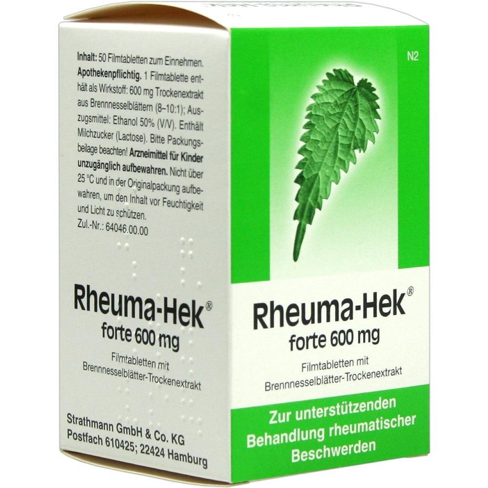 Packung von Rheuma-Hek mit Brennnesselbl&auml;tter-Extrakt zur Behandlung rheumatischer Beschwerden.