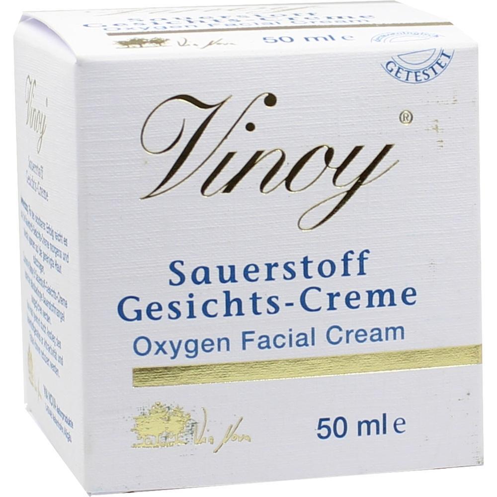 Weiße Schachtel mit der Aufschrift "Vinoy Sauerstoff Gesichts-Creme, 50 ml".