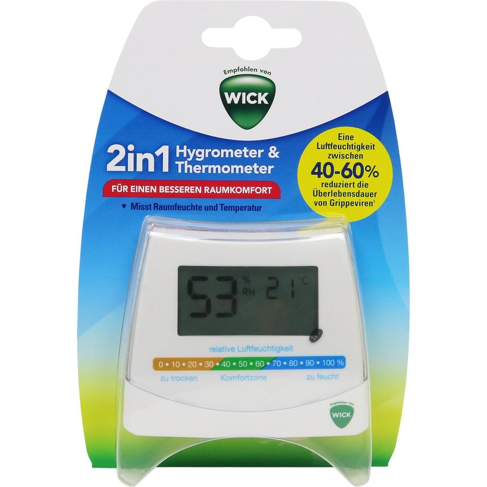 Verpackung mit Hygrometer und Thermometer zeigt 53% Luftfeuchtigkeit und 21&deg;C an.