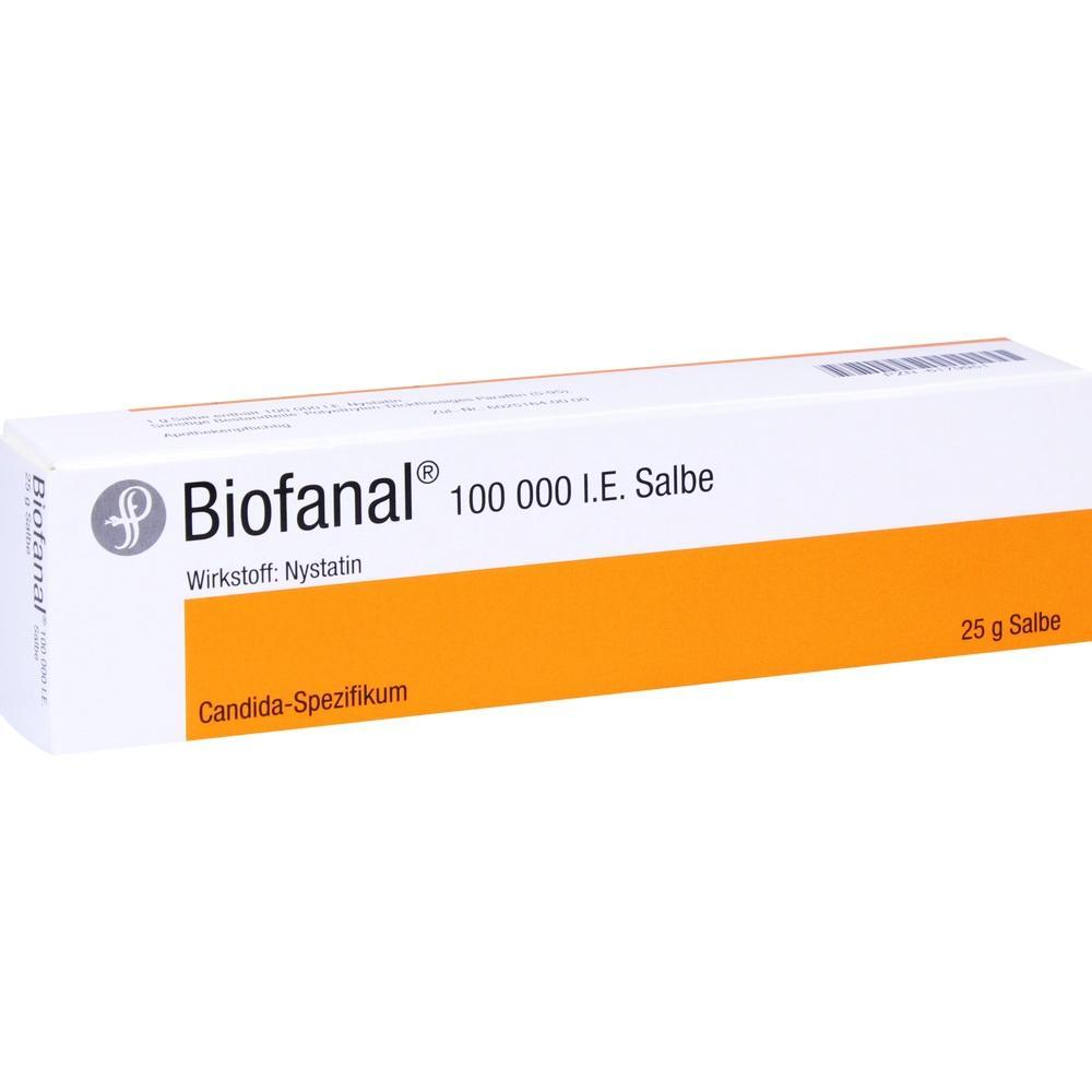 Weiße und orangefarbene Packung mit der Aufschrift "Biofanal 100 000 I.E. Salbe".