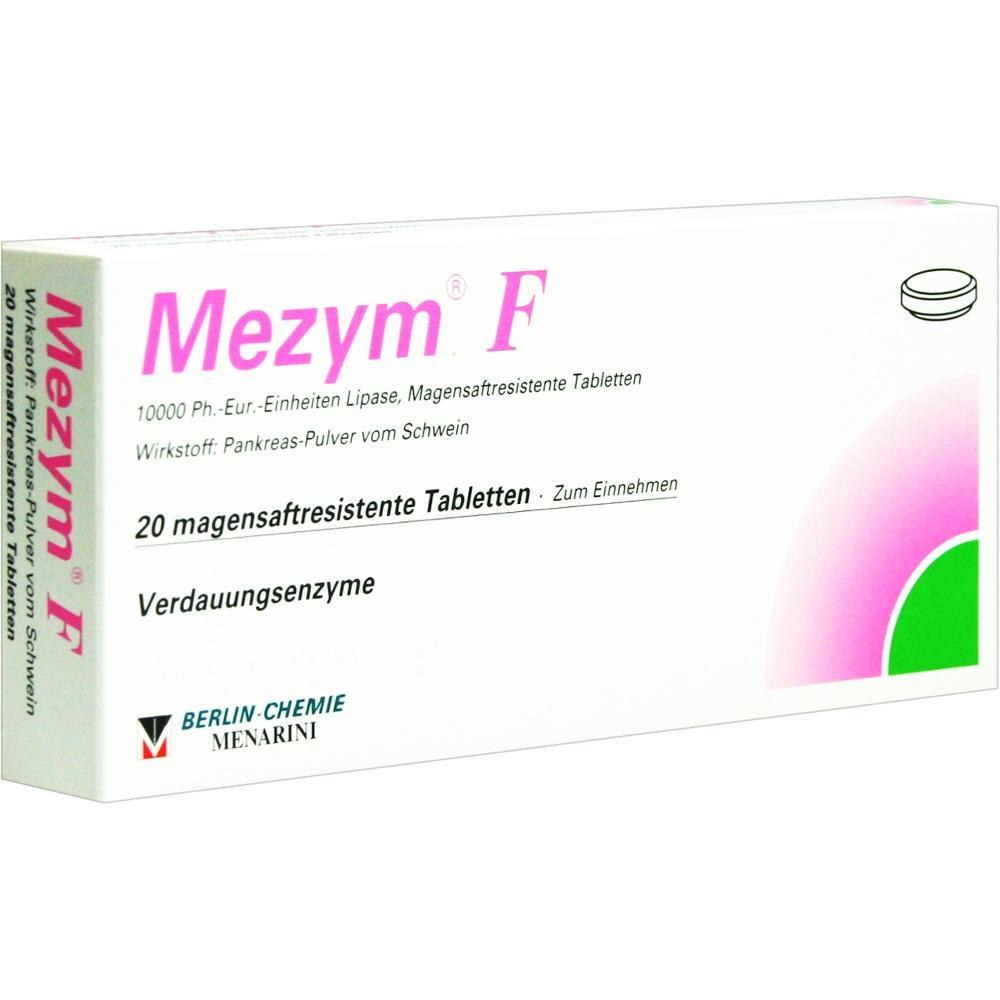 Weiße Medikamentenverpackung mit der Aufschrift "Mezym F" und "Verdauungsenzyme".
