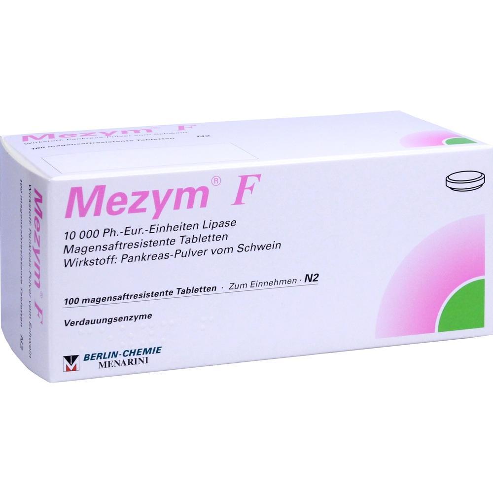 Eine Packung Mezym F Tabletten zur Unterstützung der Verdauung.