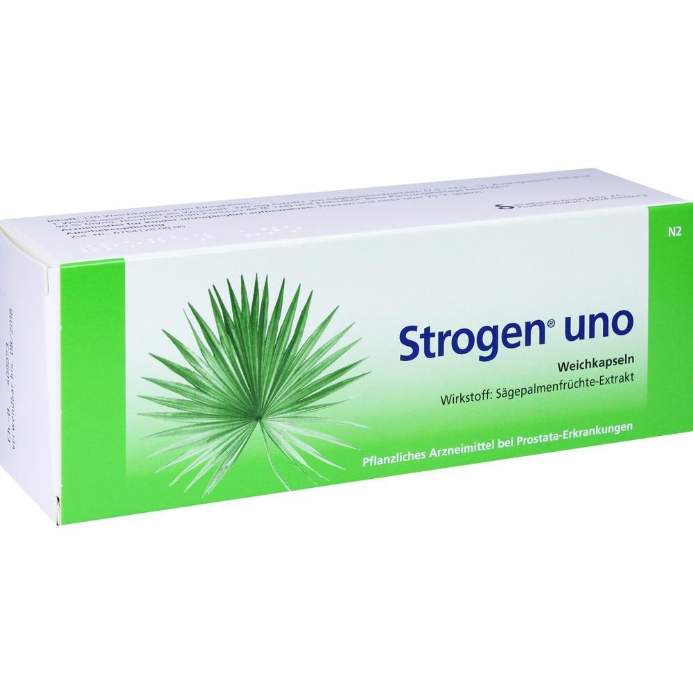 Wei&szlig;e Arzneimittelverpackung mit gr&uuml;nem Palmenblatt und der Aufschrift "Strogen uno".