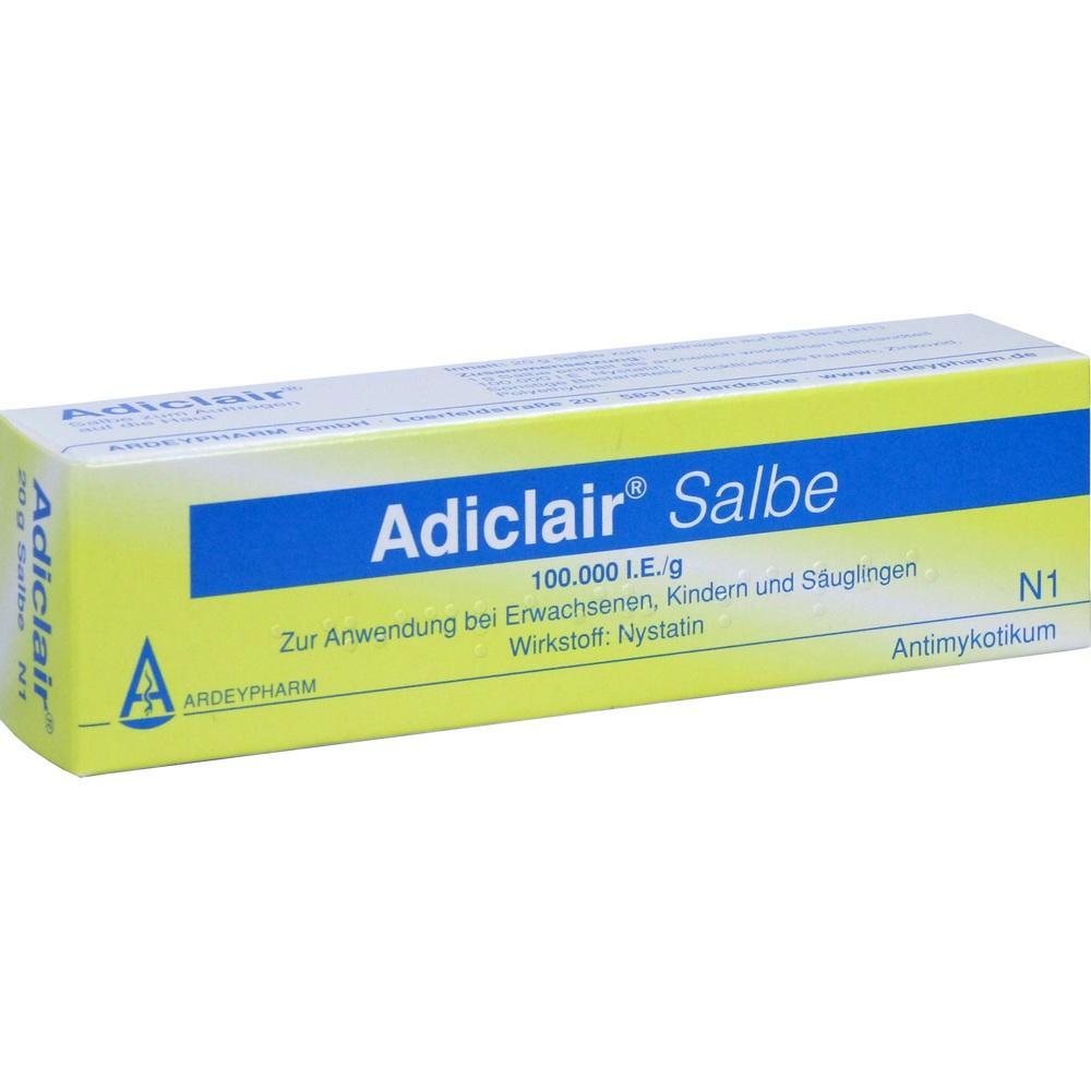 Gelbe Schachtel mit blauer Aufschrift: "Adiclair Salbe".