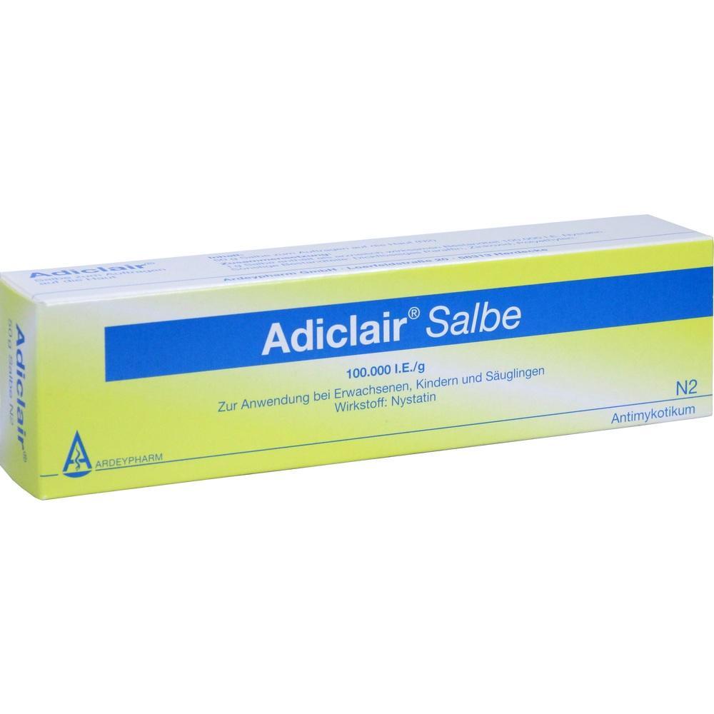 Gelbe und blaue Medikamentenschachtel mit der Aufschrift "Adiclair Salbe".