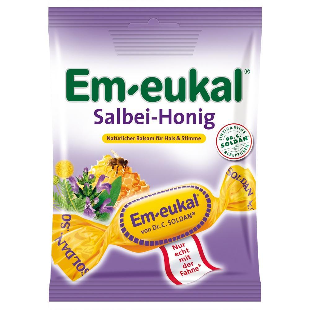 Lila Verpackung von Em-eukal Salbei-Honig Bonbons.