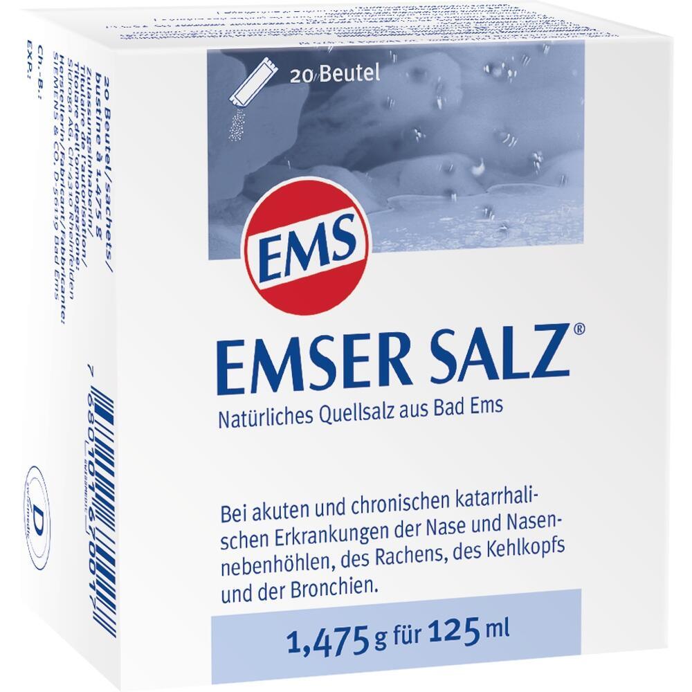 Weiße Verpackung von Emser Salz für Atemwegserkrankungen.