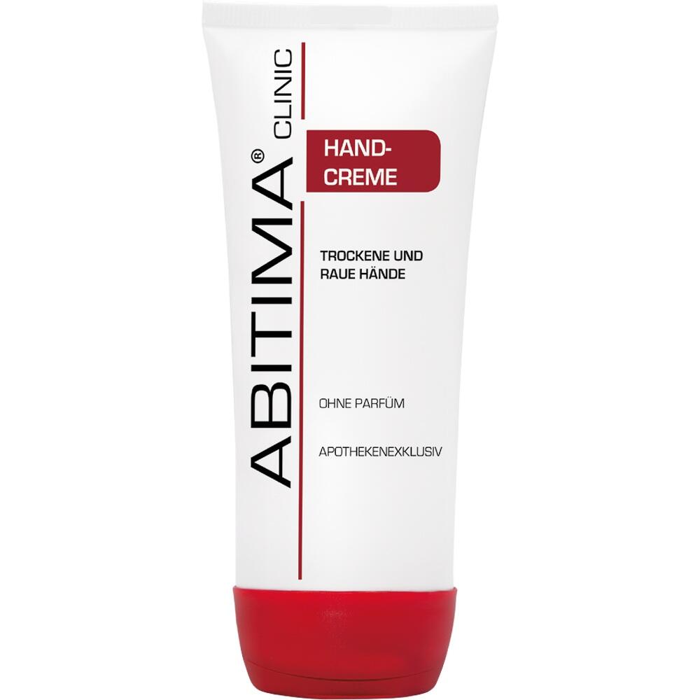 Weiße Tube mit rotem Deckel, Aufschrift "Handcreme für trockene, raue Hände".