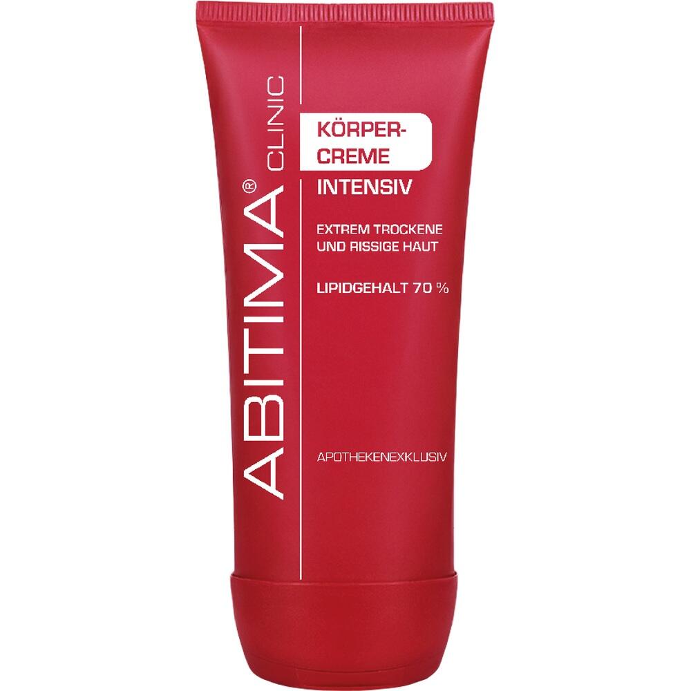 Rote Tube mit Aufschrift "Abitima Körpercreme Intensiv" für trockene Haut.