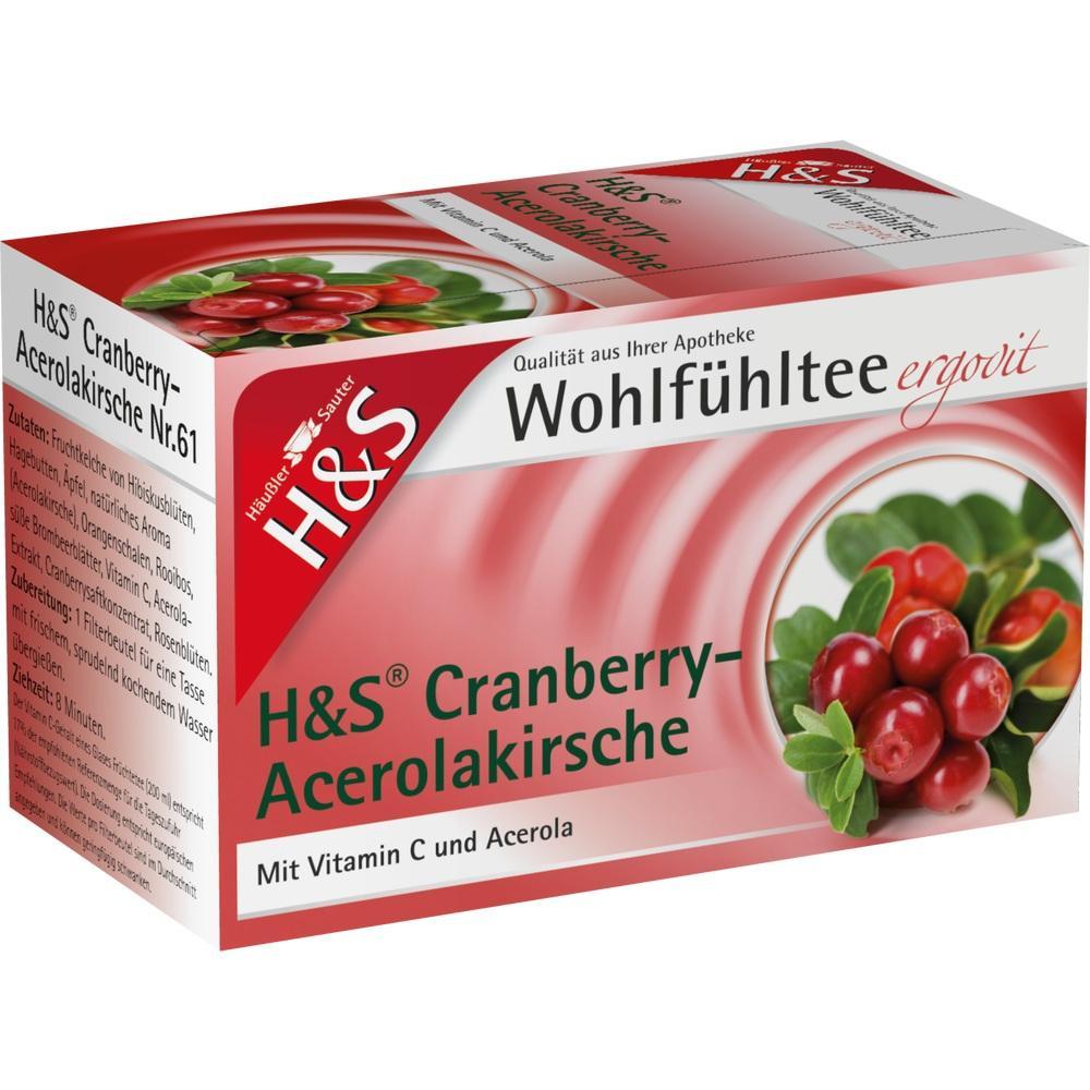 Tee-Packung mit Cranberry- und Acerolakirschen auf der Vorderseite.
