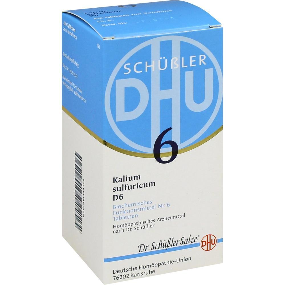Eine Schachtel mit Schüßler Salz Nr. 6, Kalium sulfuricum Tabletten.