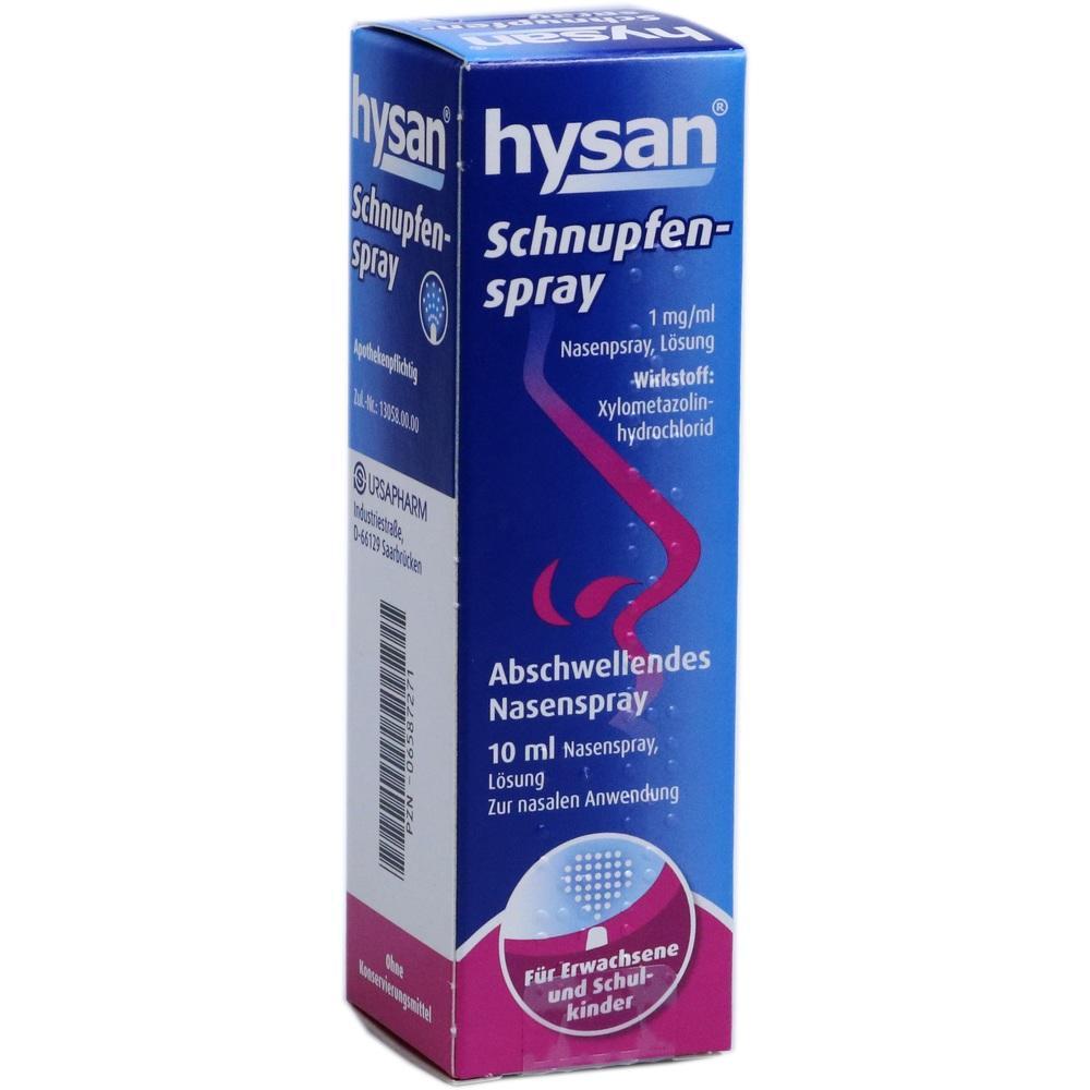 Blaue Verpackung eines abschwellenden Nasensprays von Hysan für Erkältungen.