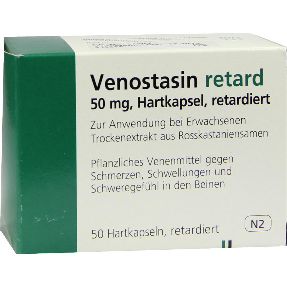 Gr&uuml;ne Packung von Venostasin, einem pflanzlichen Mittel gegen Beinprobleme.