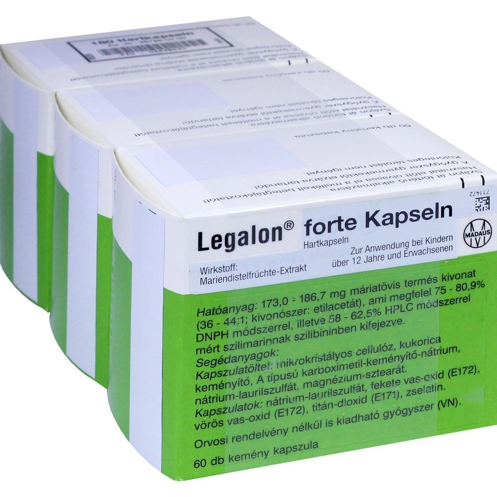 Eine Schachtel mit Packungen von Legalon forte Kapseln gegen Leberbeschwerden.