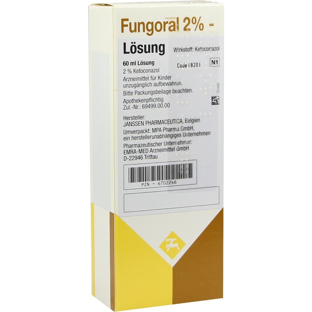 Eine Packung mit Fungoral 2% Lösung, ein Medikament mit Ketoconazol.