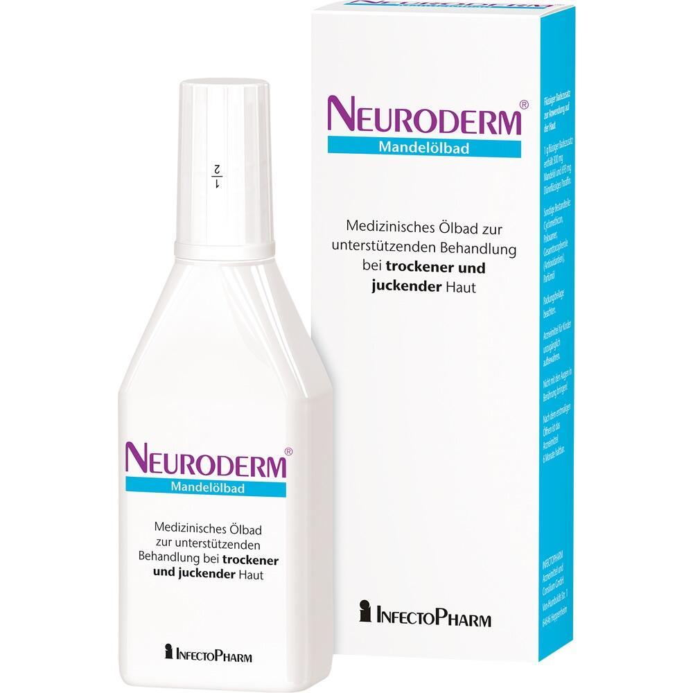 Eine Flasche Neuroderm Mandelölbad steht vor ihrer Verpackung.