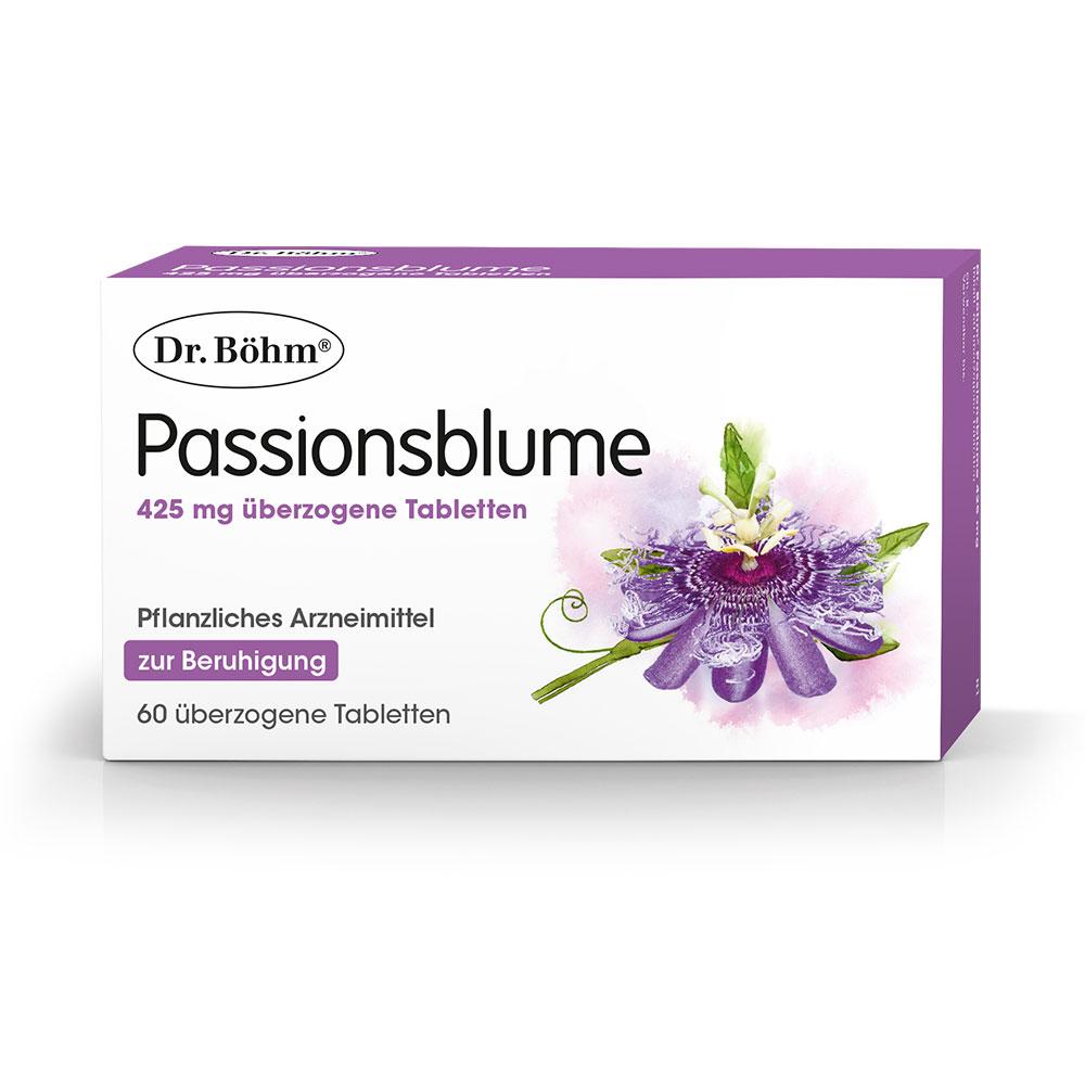 Verpackung von Dr. Böhm Passionsblume Tabletten zur Beruhigung bei Unruhe.