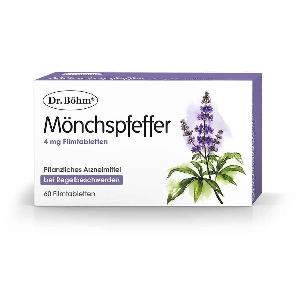 Packung Mönchspfeffer-Tabletten mit lila Blüten und grünen Blättern.