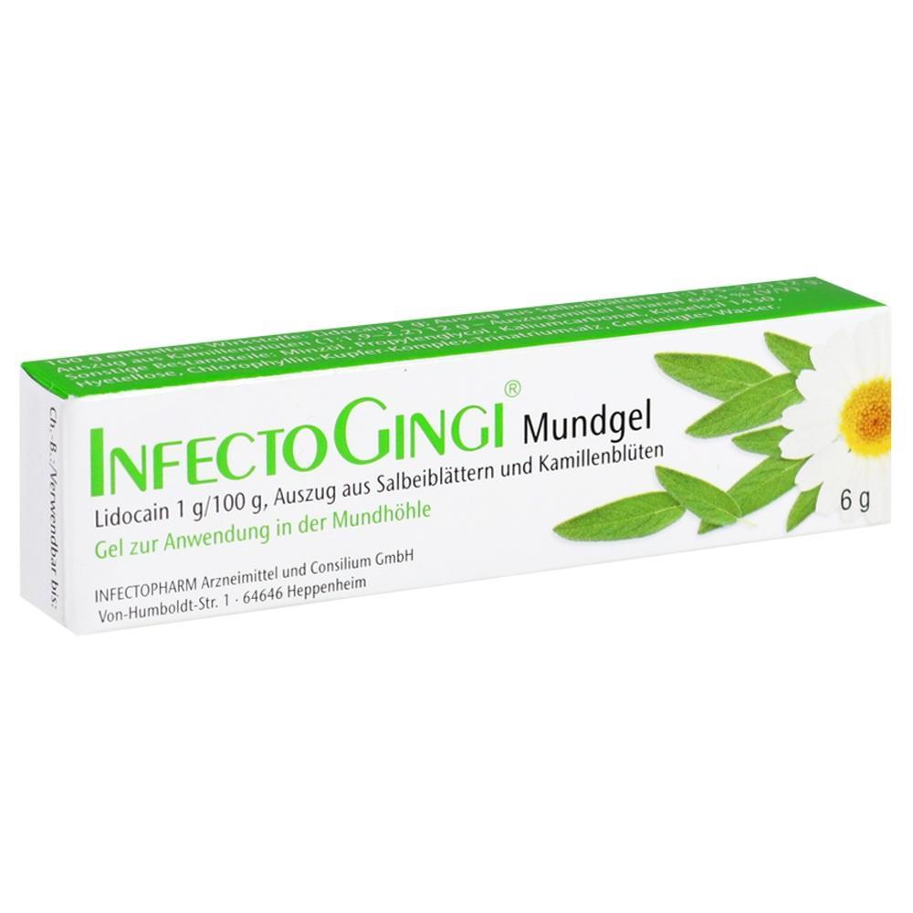 Grüne Packung mit der Aufschrift "InfectoGingi Mundgel" und einem Kamillenbild.