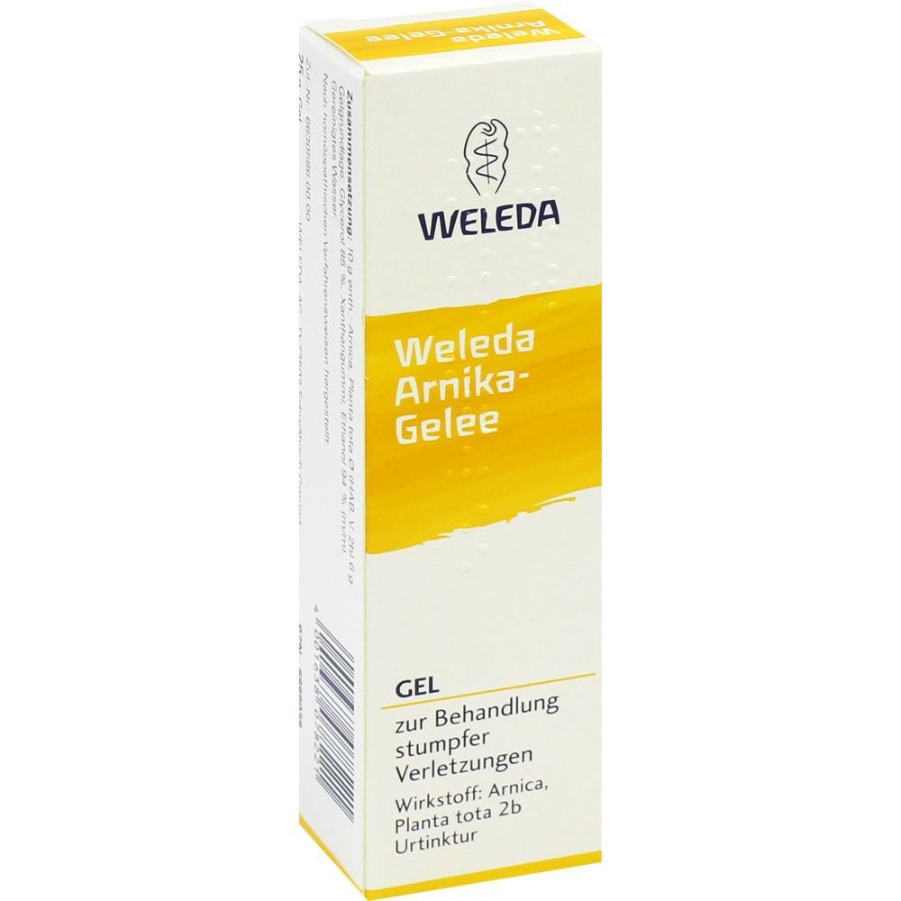 Gel-Packung von Weleda mit der Aufschrift "Arnika-Gelee" zur Behandlung von Verletzungen.