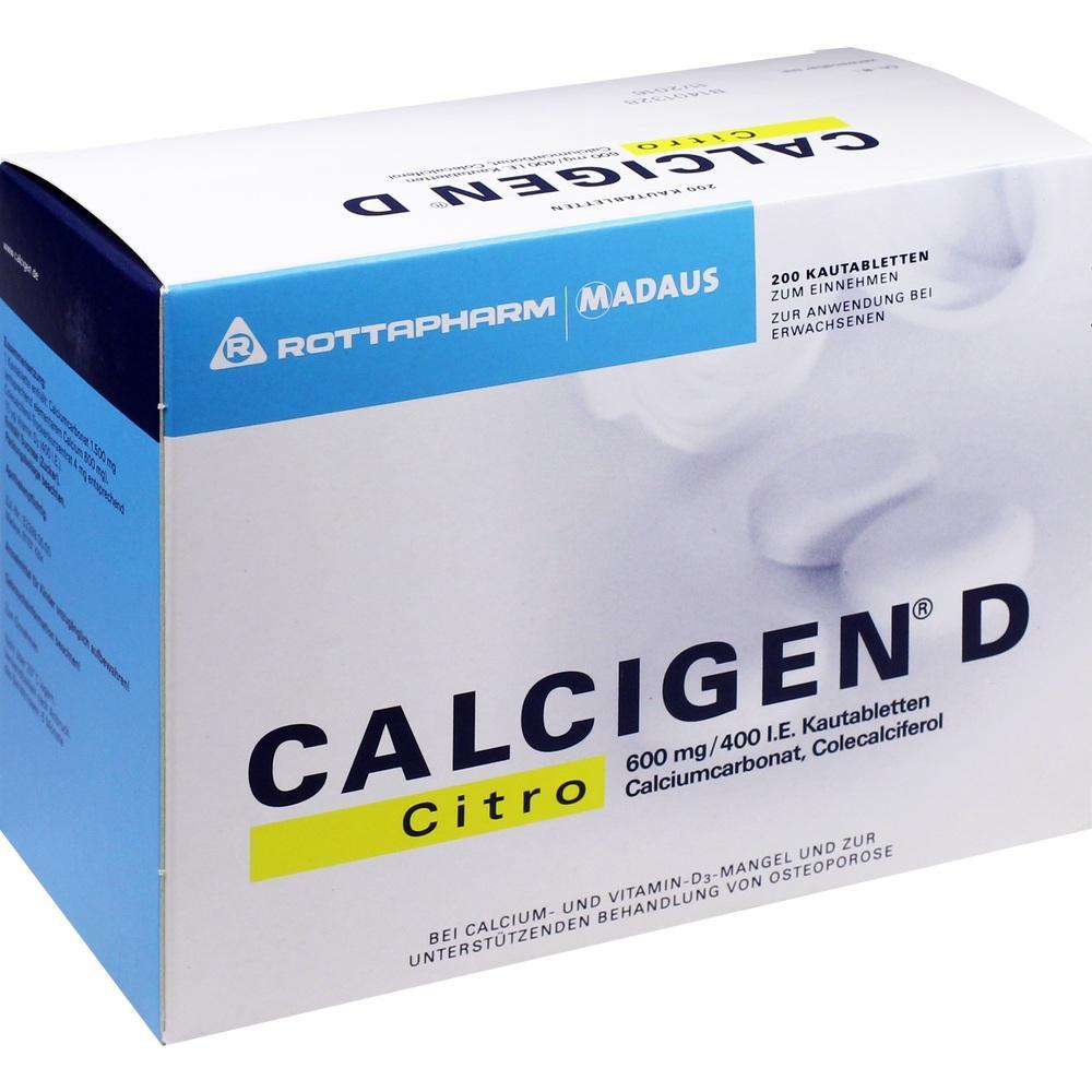 Eine Schachtel CalciGen D Citro Kautabletten mit Calcium und Vitamin D.
