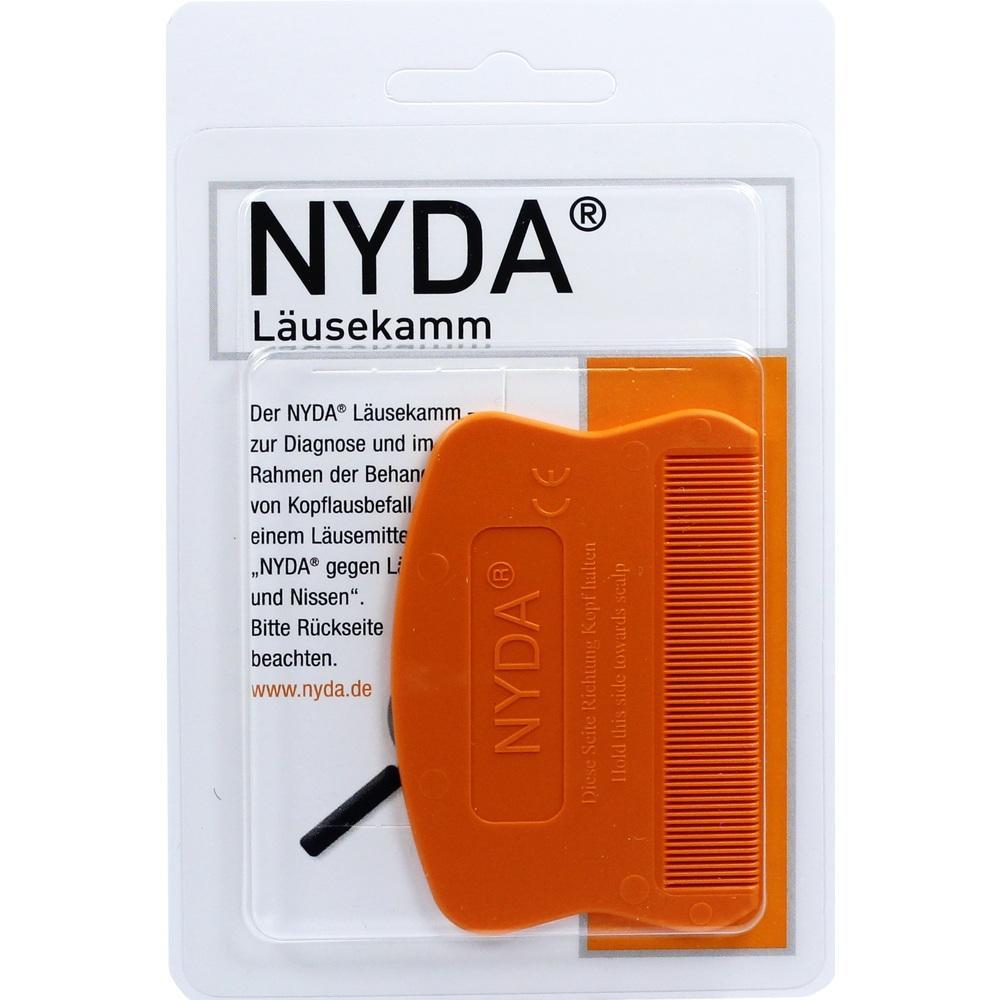 Ein oranger L&auml;usekamm von NYDA in einer durchsichtigen Verpackung.