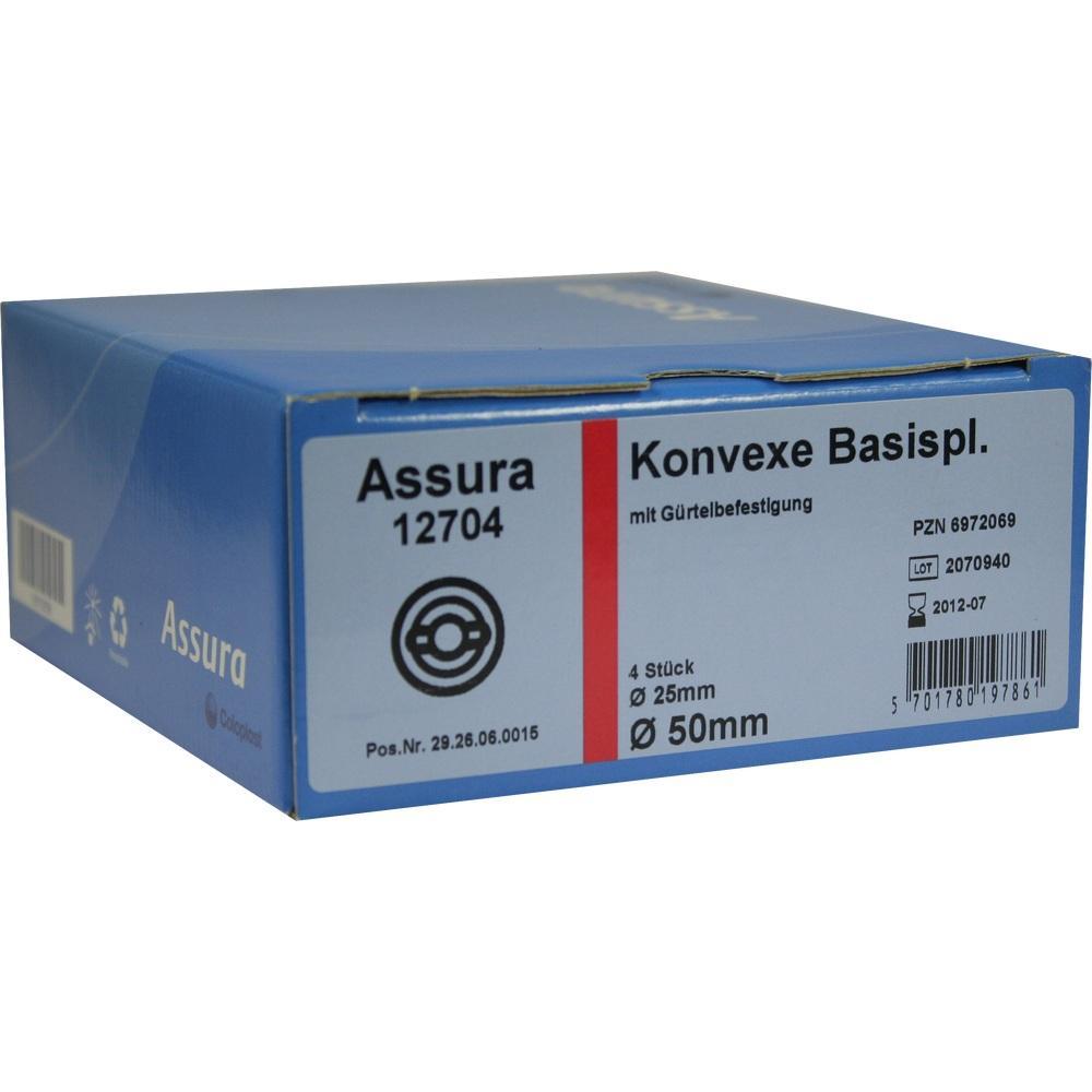 Eine blaue Schachtel mit der Aufschrift "Konvexe Basispl." von Assura.