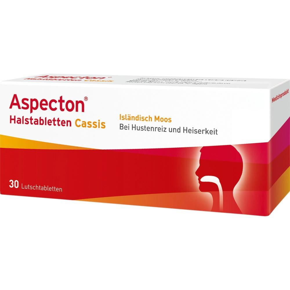 Die Packung zeigt Aspecton Halstabletten, die bei Husten und Heiserkeit helfen.