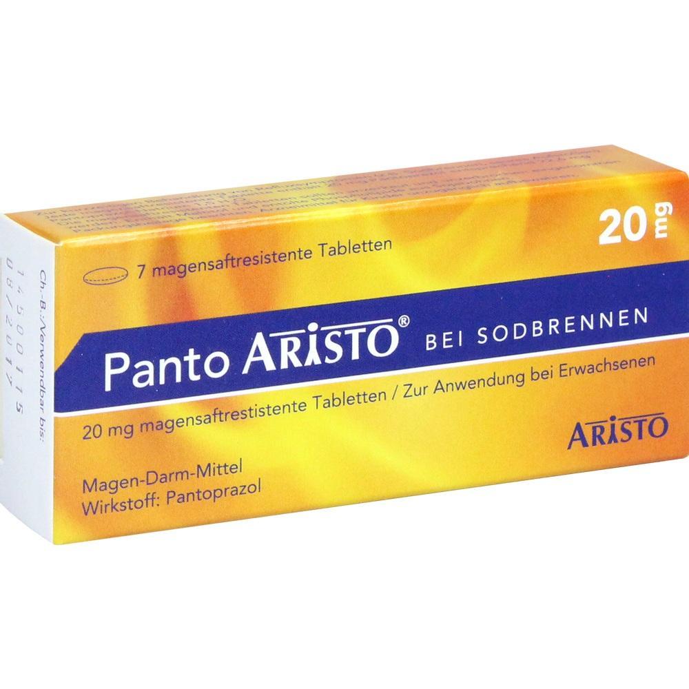 Gelbe Packung von Panto Aristo gegen Sodbrennen, enthält 20 mg Pantoprazol.