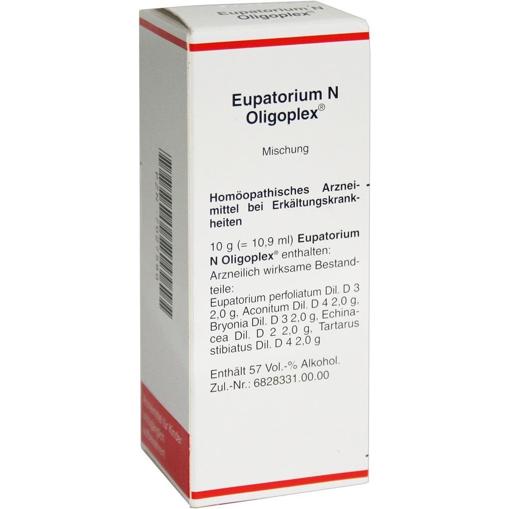 Weiße Verpackung eines homöopathischen Mittels gegen Erkältungen mit der Bezeichnung "Eupatorium N Oligoplex".