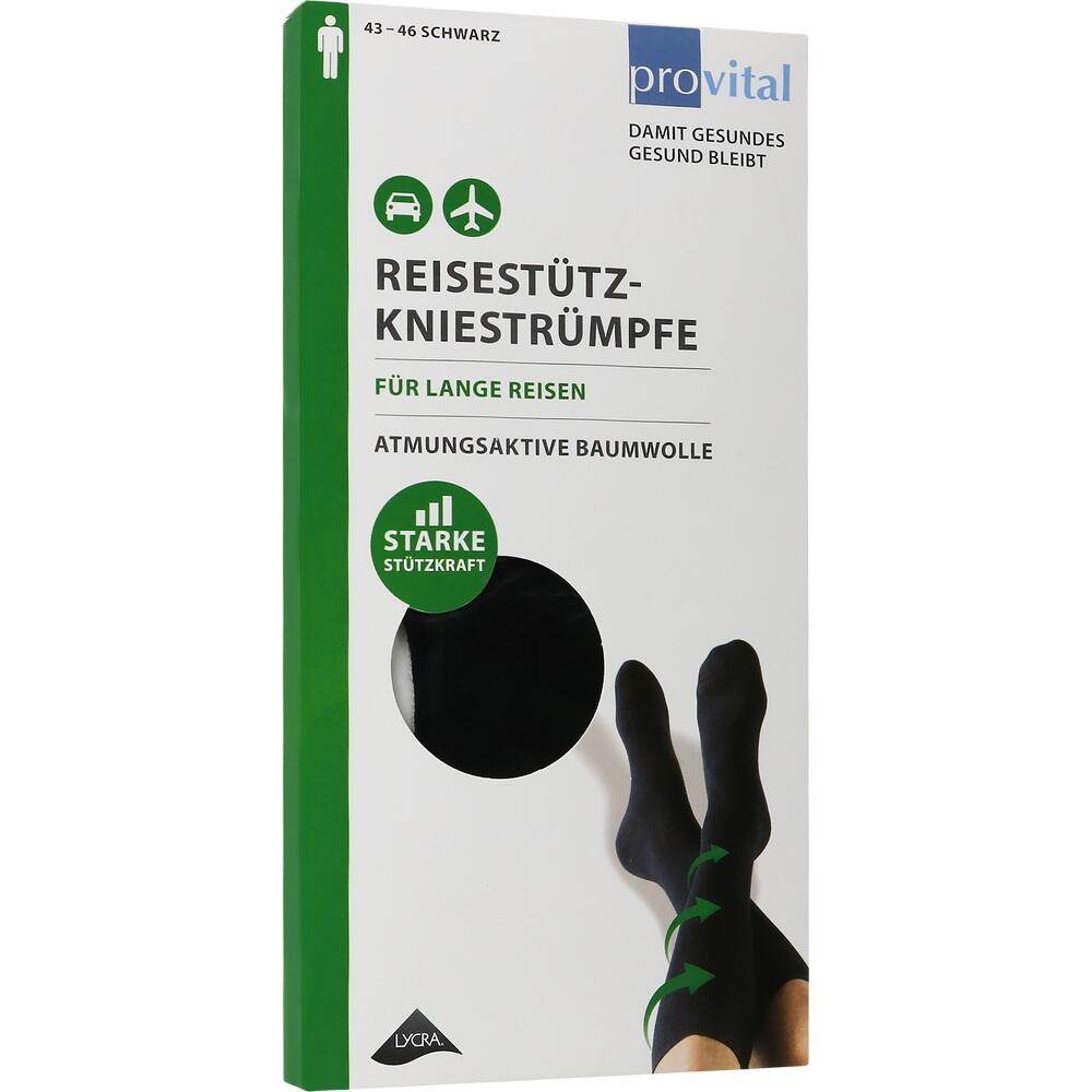 Verpackung für schwarze Reisestütz-Kniestrümpfe aus atmungsaktiver Baumwolle.