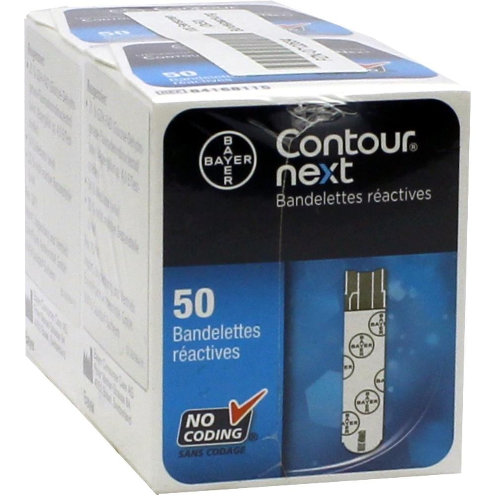 Die Verpackung zeigt Contour Next Teststreifen f&uuml;r Blutzuckermessungen.