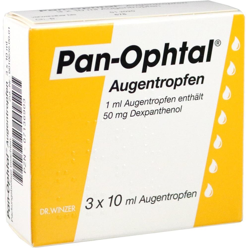 Gelbe Packung mit Augentropfen namens Pan-Ophtal und 50 mg Dexpanthenol.