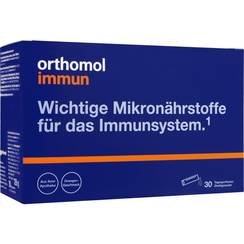 Blaue Verpackung von Orthomol Immun mit Vitaminpulver für das Immunsystem.