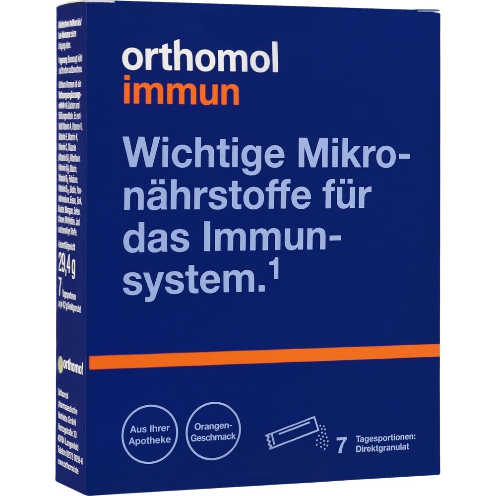Eine blaue Packung „orthomol immun“ mit Mikronährstoffen für das Immunsystem.