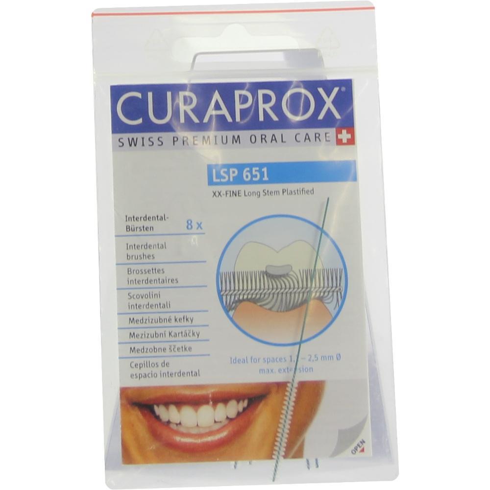Eine Packung Interdentalb&uuml;rsten der Marke Curaprox mit Zahn-Abbildung.