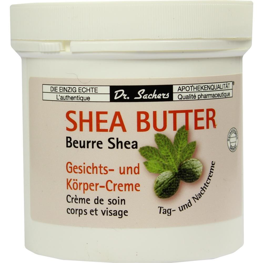 Weiße Dose mit Aufschrift "Shea Butter Gesichts- und Körper-Creme".