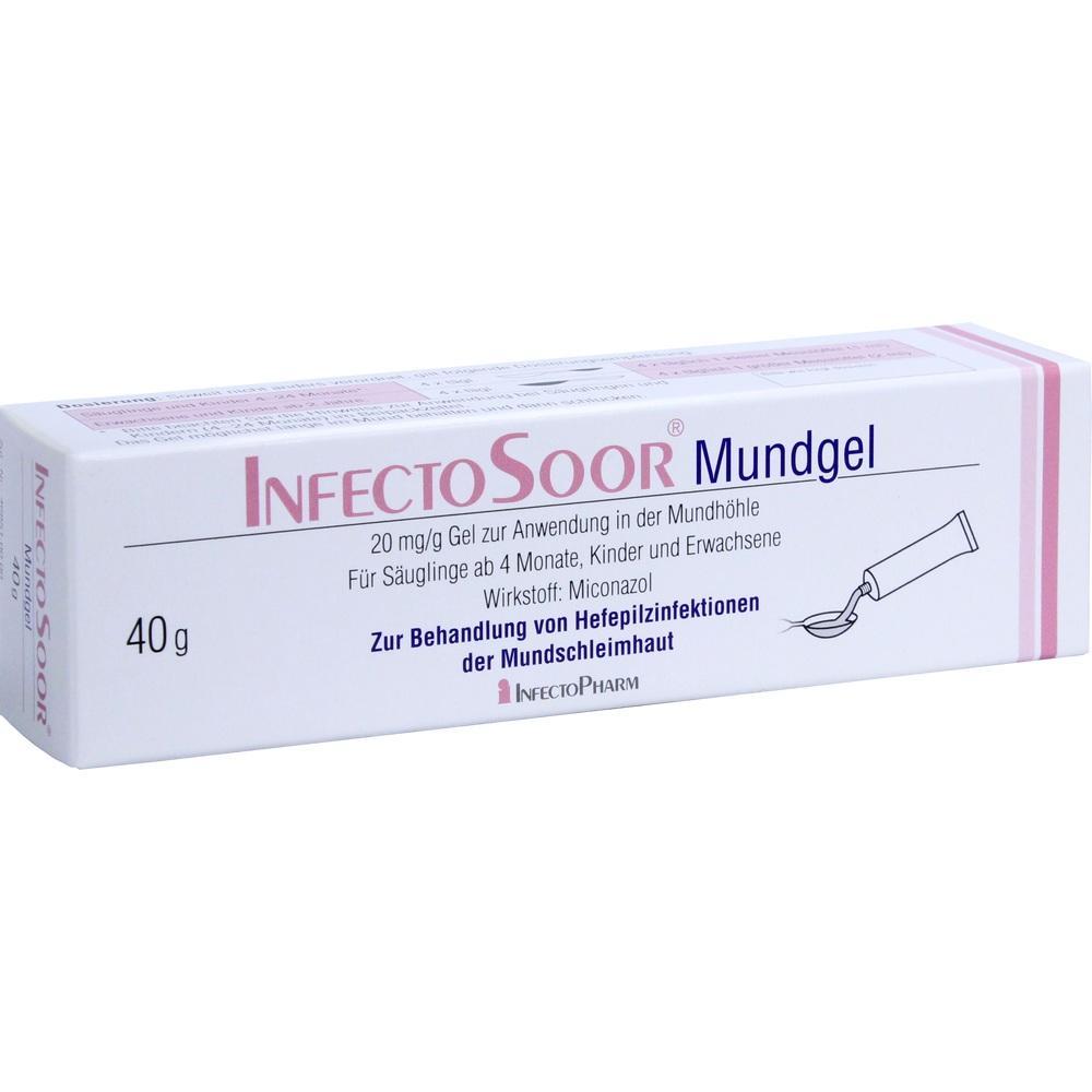 Verpackung von InfectoSoor Mundgel zur Behandlung von Hefepilzinfektionen im Mund.