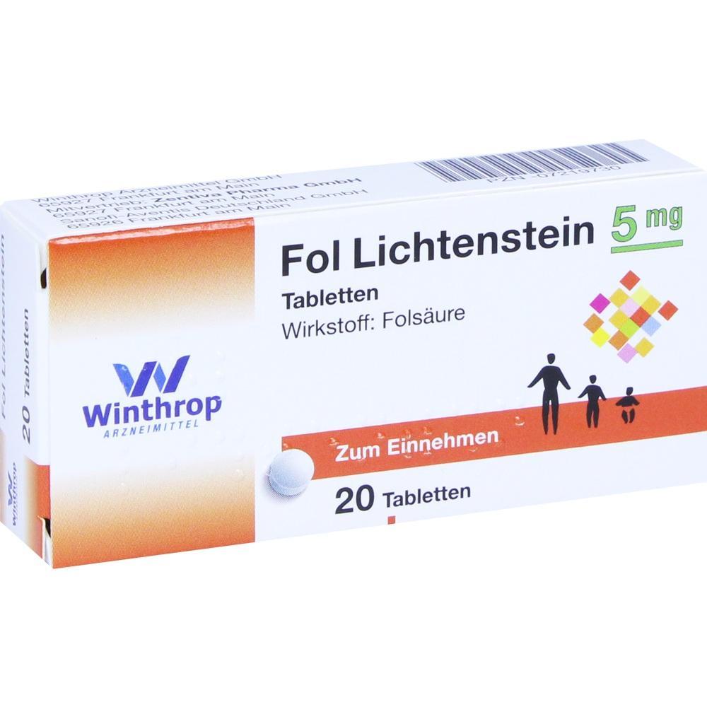 Verpackung von Fol Lichtenstein Tabletten, 20 Stück, mit Folsäure.