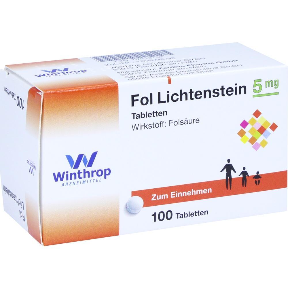 Eine Medikamentenschachtel mit 100 Folsäuretabletten.