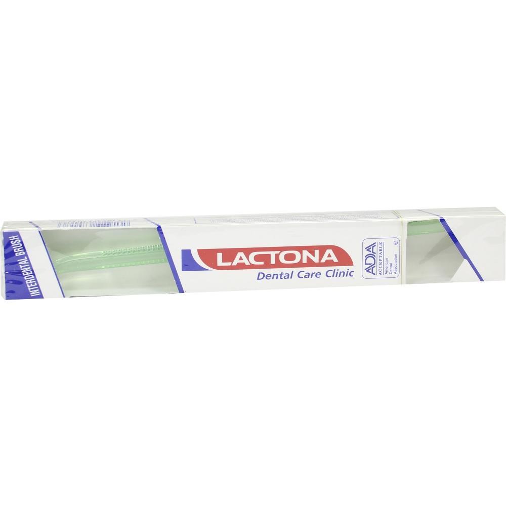 Verpackung mit der Aufschrift "Lactona Dental Care Clinic" und einer grünen Interdentalbürste.