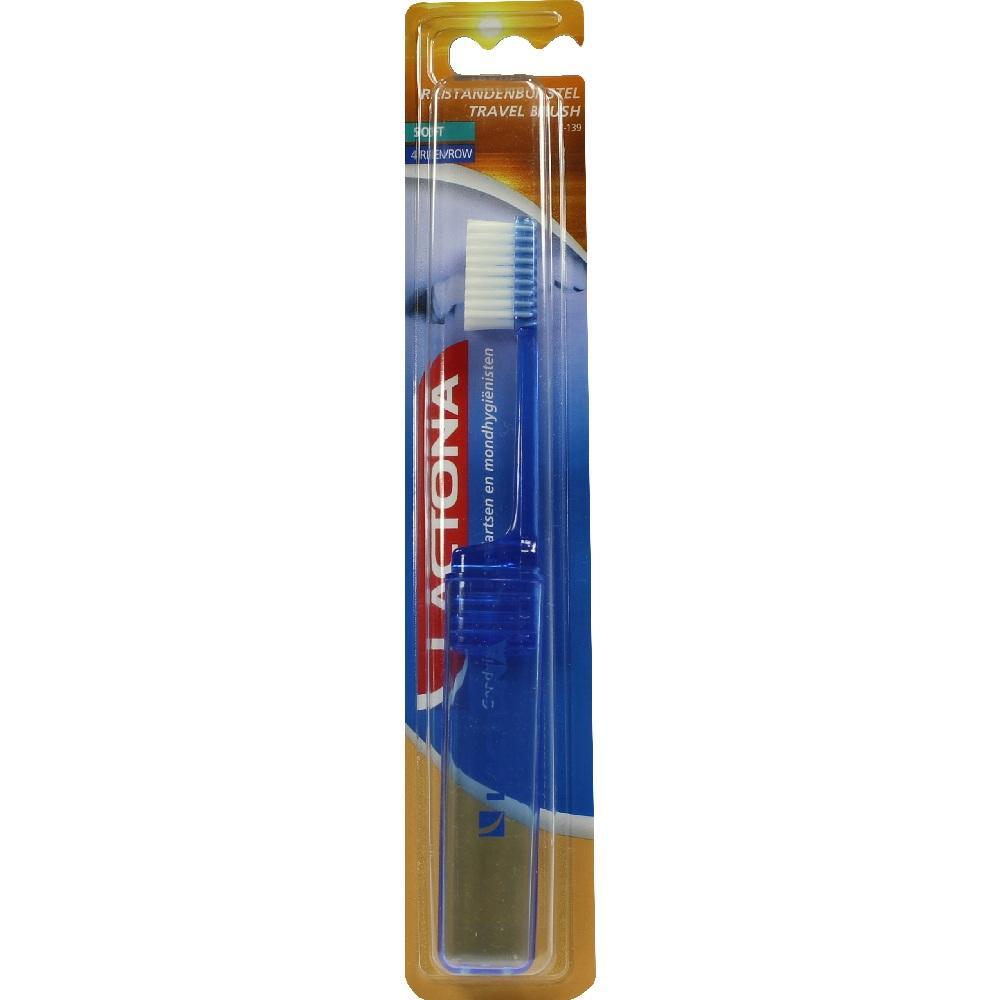 Eine verpackte blaue Zahnbürste mit weichen Borsten.
