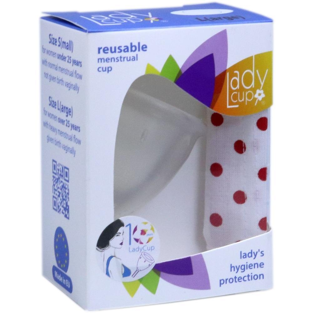 Verpackung einer wiederverwendbaren Menstruationstasse mit buntem Design.