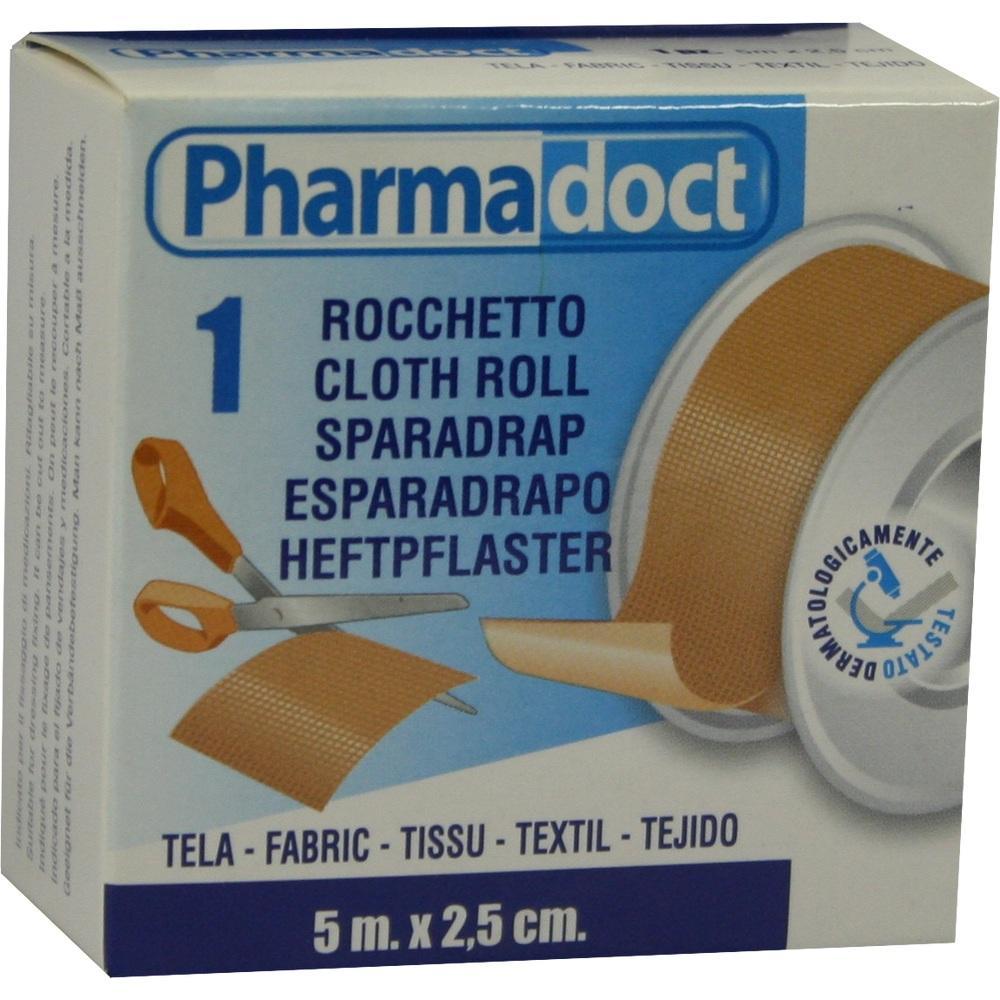 Verpackung mit Heftpflaster, Schere und Text in verschiedenen Sprachen.