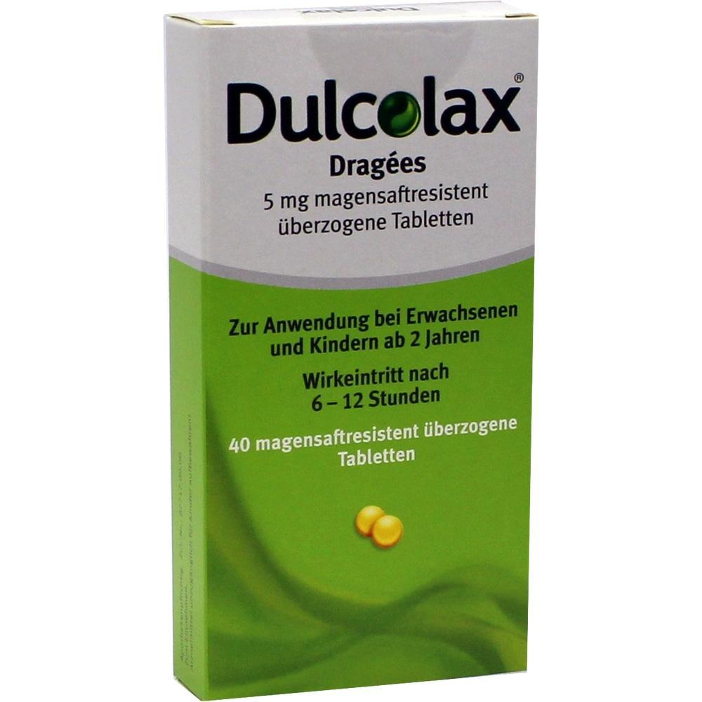 Packung von Dulcolax Dragees mit 40 Tabletten für Erwachsene und Kinder ab 2 Jahren.