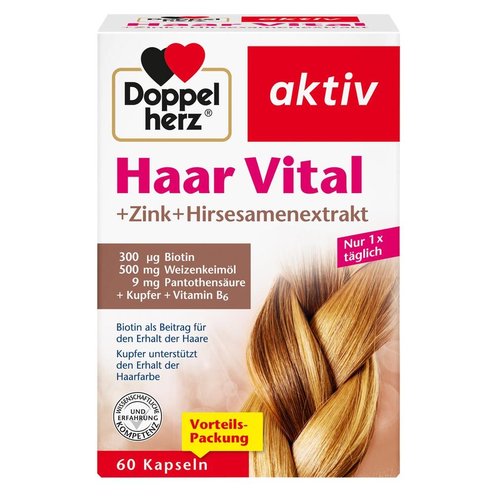 Verpackung von Doppelherz Haar Vital Kapseln mit Zink und Hirseextrakt für Haare.