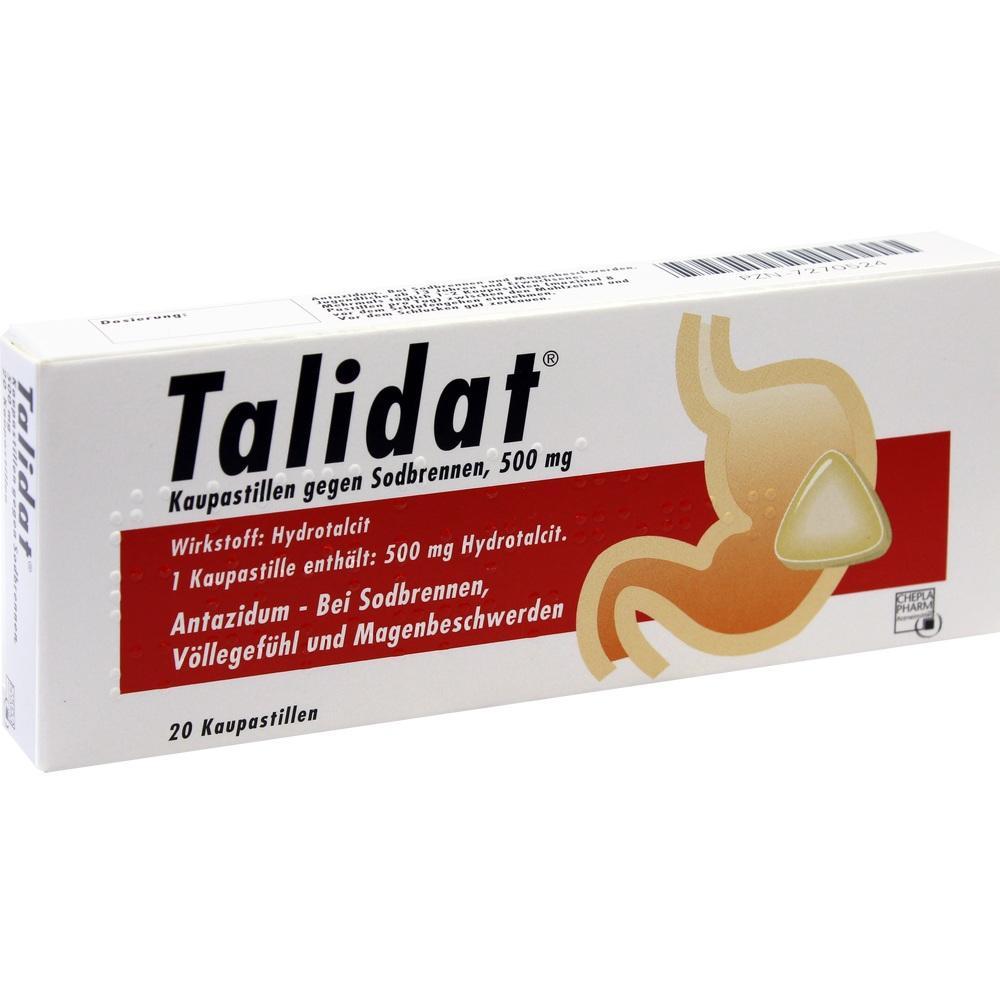 Eine Packung Talidat Kautabletten gegen Sodbrennen mit 500 mg Wirkstoff.